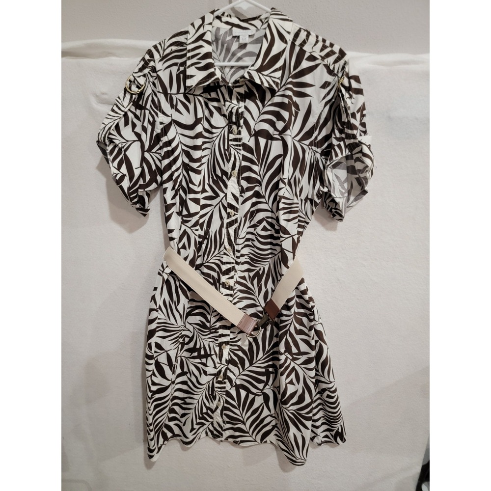 Charter Club Rio de Flor Dress 18W Plus Size Brown Leaf Print Belted Shirt Dress